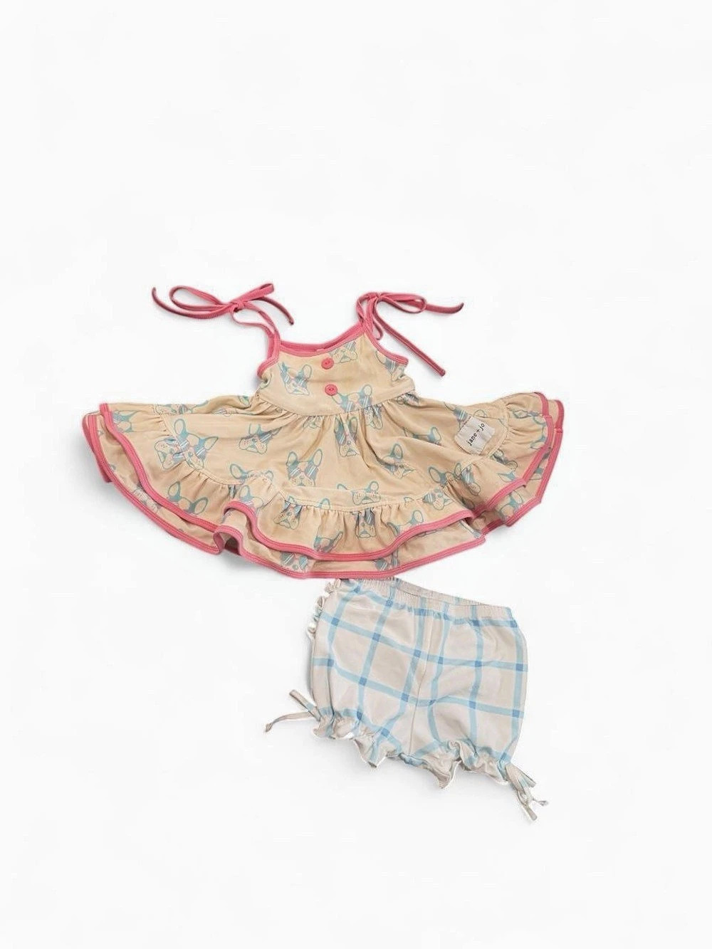 Toddler girls' French Bulldog Print Dress and bloomers in Beige, pink and blue